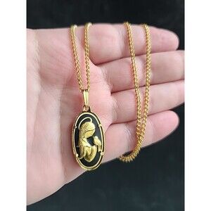 Damascene Virgin Mary And Piece Dove Bird Gold Tone Pendant Necklace Signed IA
